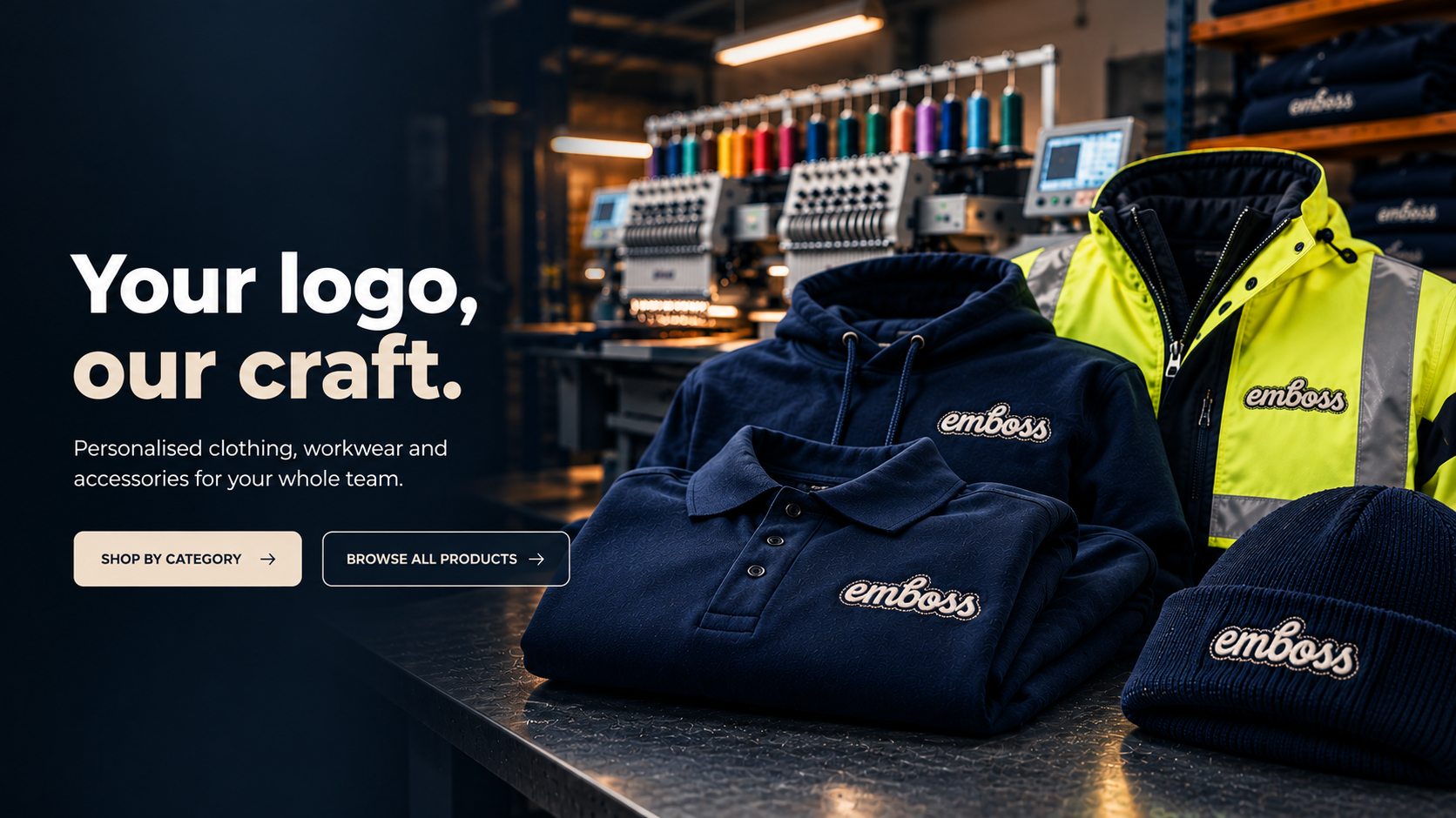 A navy hoodie, polo shirt and beanie and a hi-vis jacket, all embroidered with the Emboss logo, in front of our embroidery machines